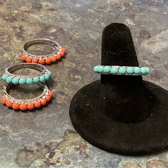 Turquoise and Coral Beaded Sterling Silver 4 Stack Rings - Picture 4 of 6